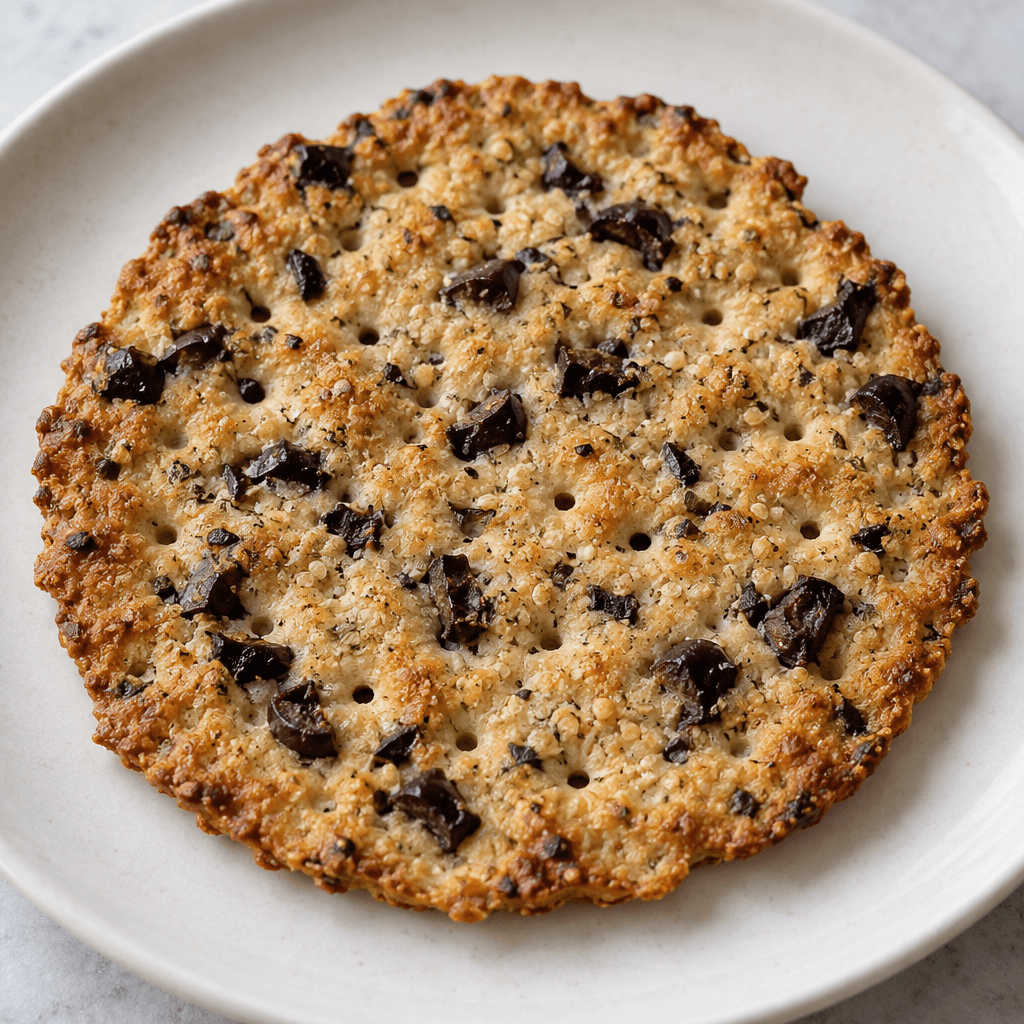 A thin, roughly round gluten-free cracker with a golden-brown, uneven surface, scattered dark olive pieces and small holes, served on a plain plate.