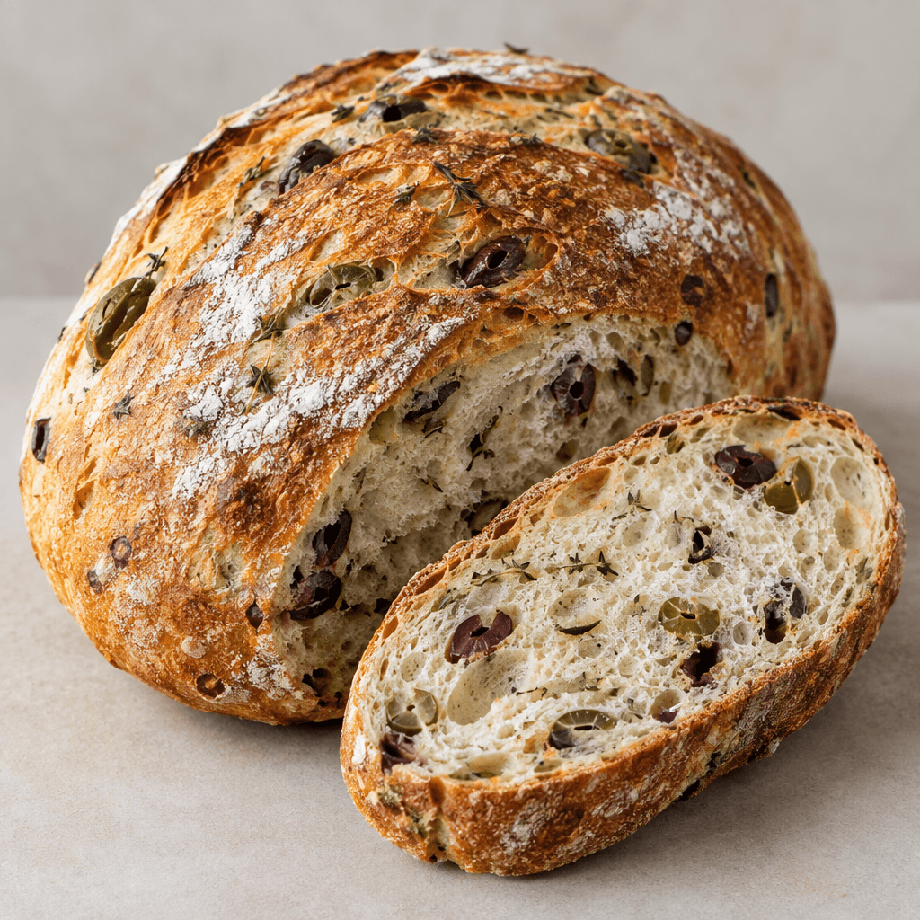 A rustic oval loaf with a deeply golden-brown, flour-dusted crust, scattered dark green and purple olive pieces, and small thyme leaves visible across the surface and in the airy cream-coloured crumb of a cut slice beside it.