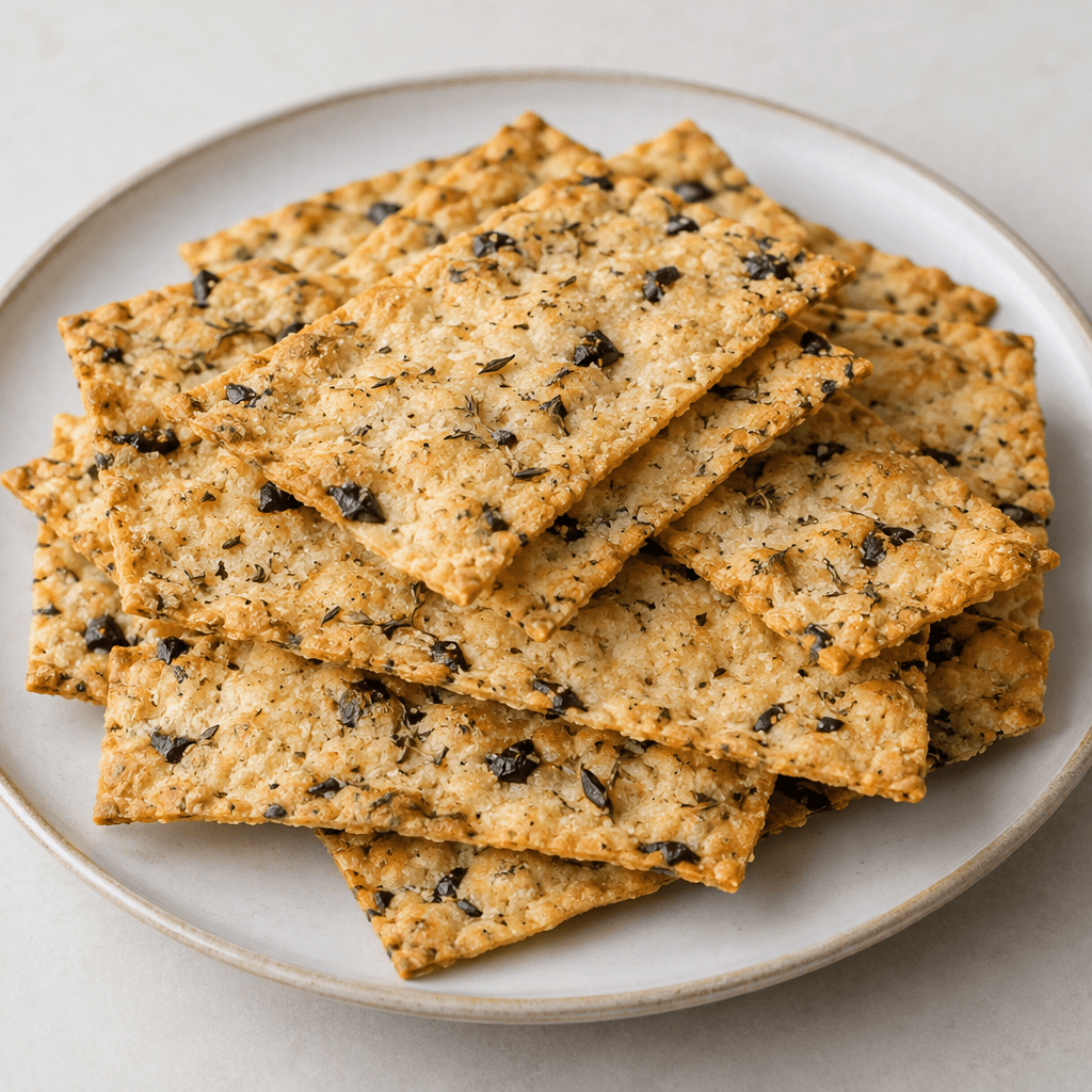Thin, golden-brown rectangular crackers with a crisp, lightly bubbled surface, dotted with small dark olive pieces and fine green thyme flecks, arranged on a plate.
