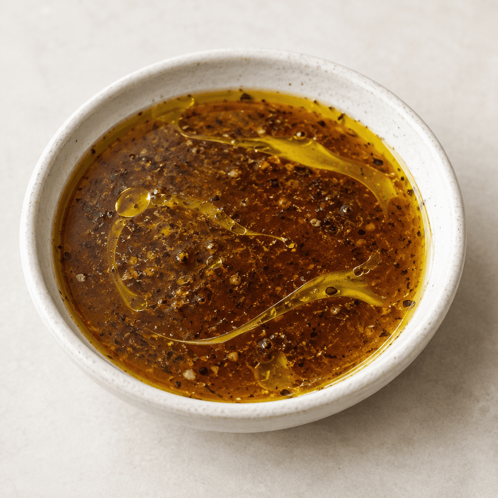 A glossy, dark amber-brown dressing sits in a small shallow dish, with golden olive-oil streaks and fine dark flecks visible through the liquid.