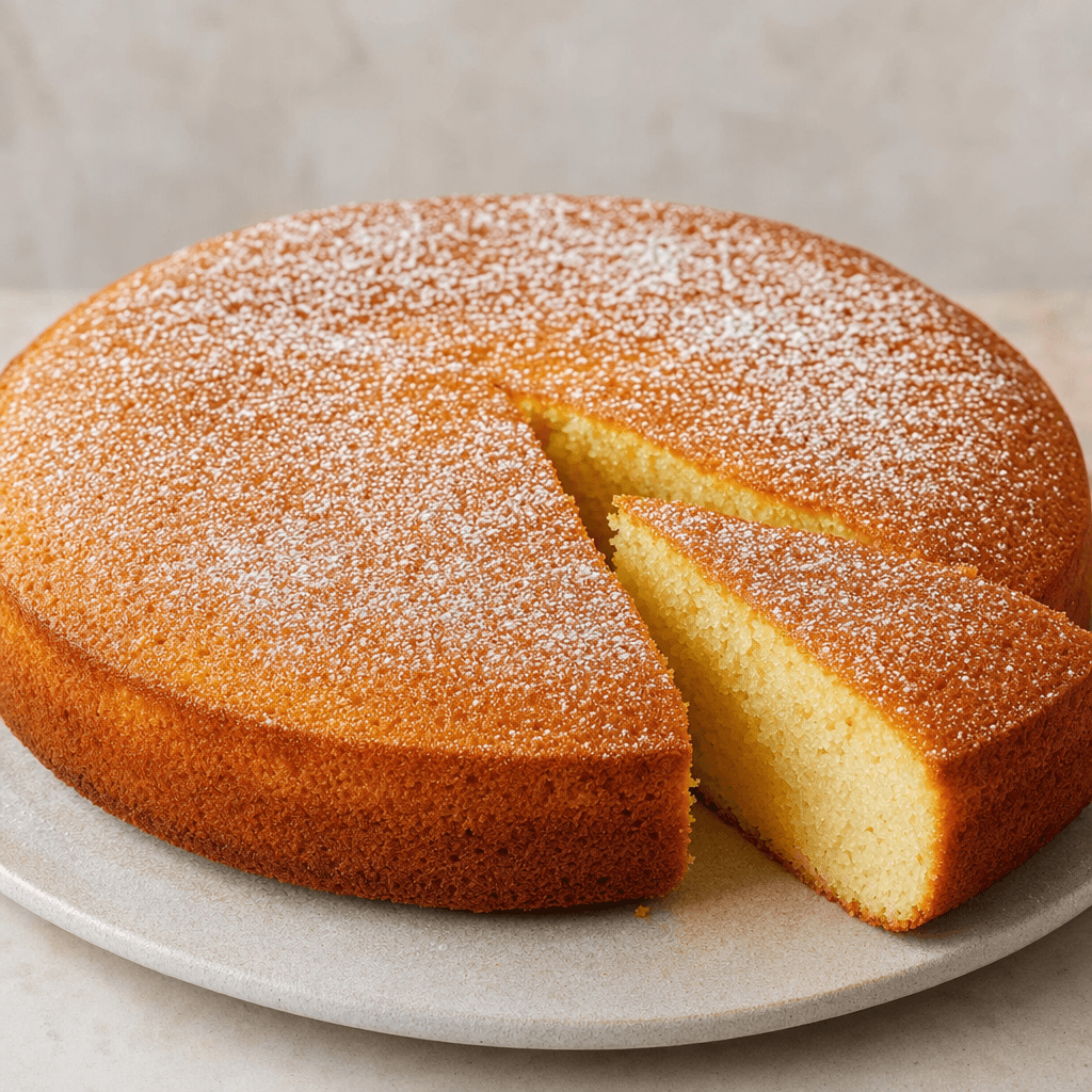 A round, single-layer cake with a golden-brown top, lightly dusted with powdered sugar, and a dense, fine-textured pale yellow crumb visible in a cut slice.