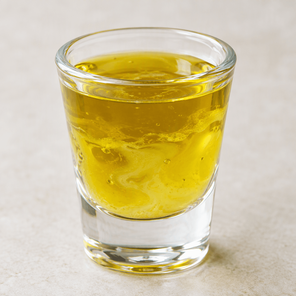 A small clear shot glass holds a golden-yellow olive-oil and lemon mixture, with a glossy surface and faintly cloudy streaks.