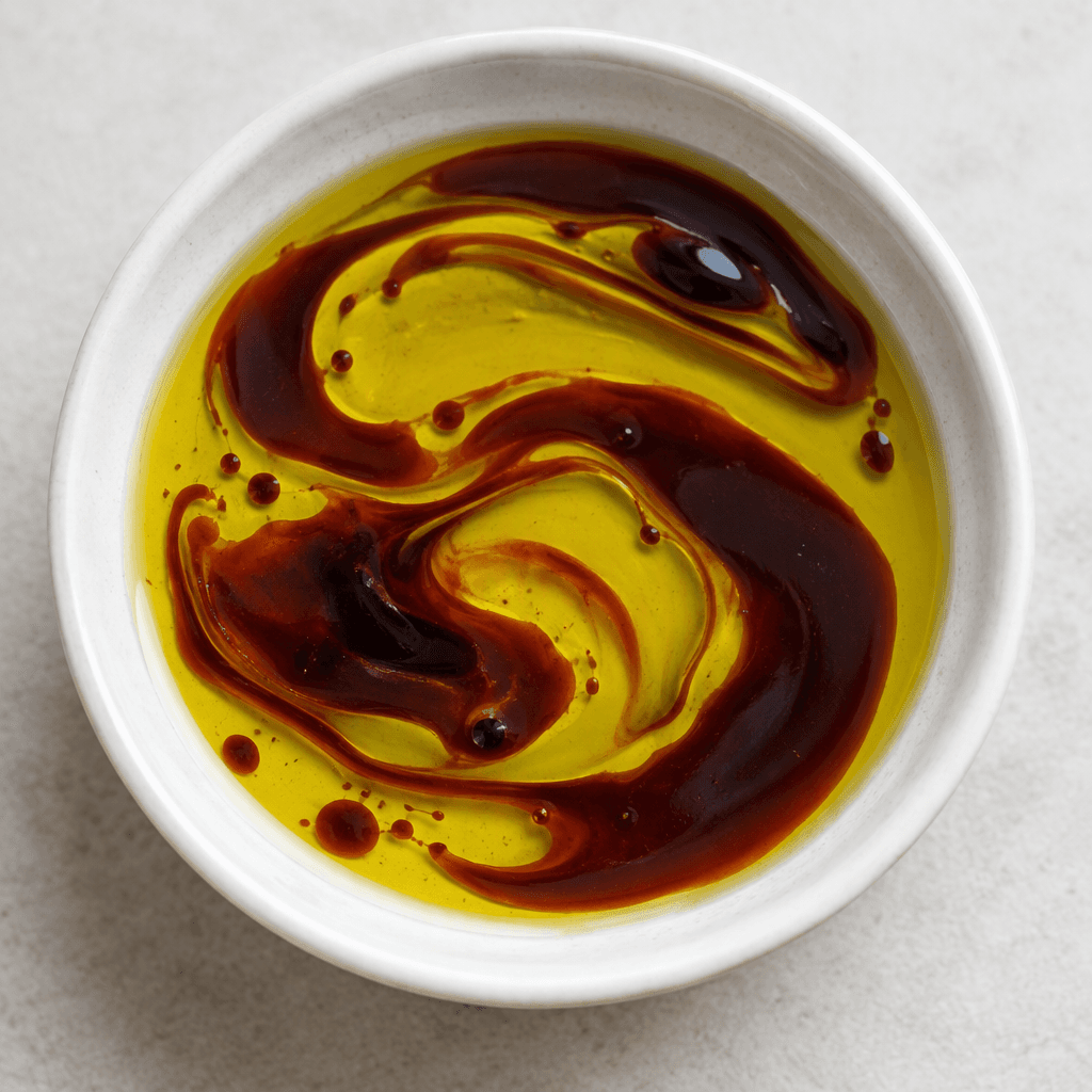 A glossy sauce of golden-green olive oil and deep reddish-brown pomegranate molasses, with the two liquids forming slicks and swirls in a small dish.