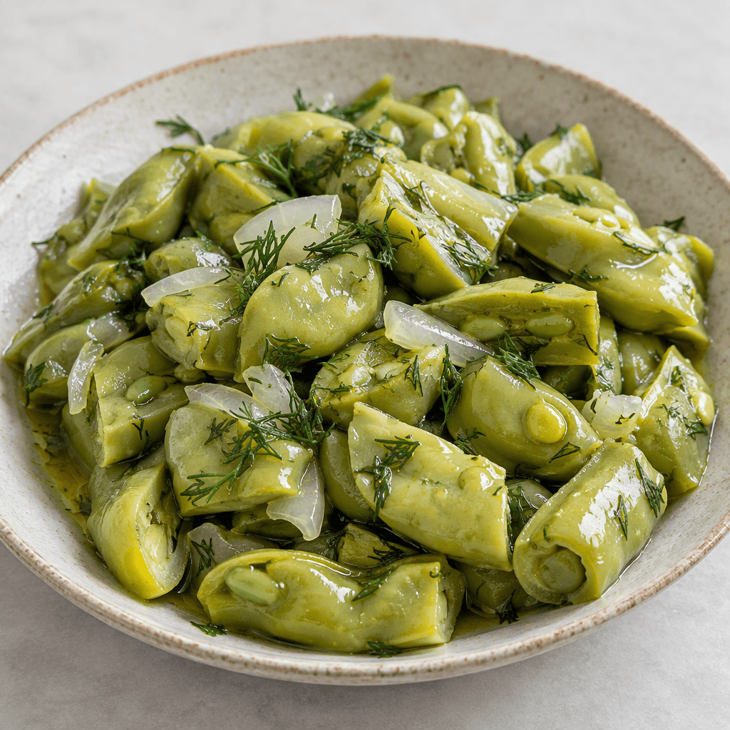 Chunky pieces of pale green broad bean pods sit in a shallow serving dish, glistening with olive oil and dotted with chopped dill and translucent onion.