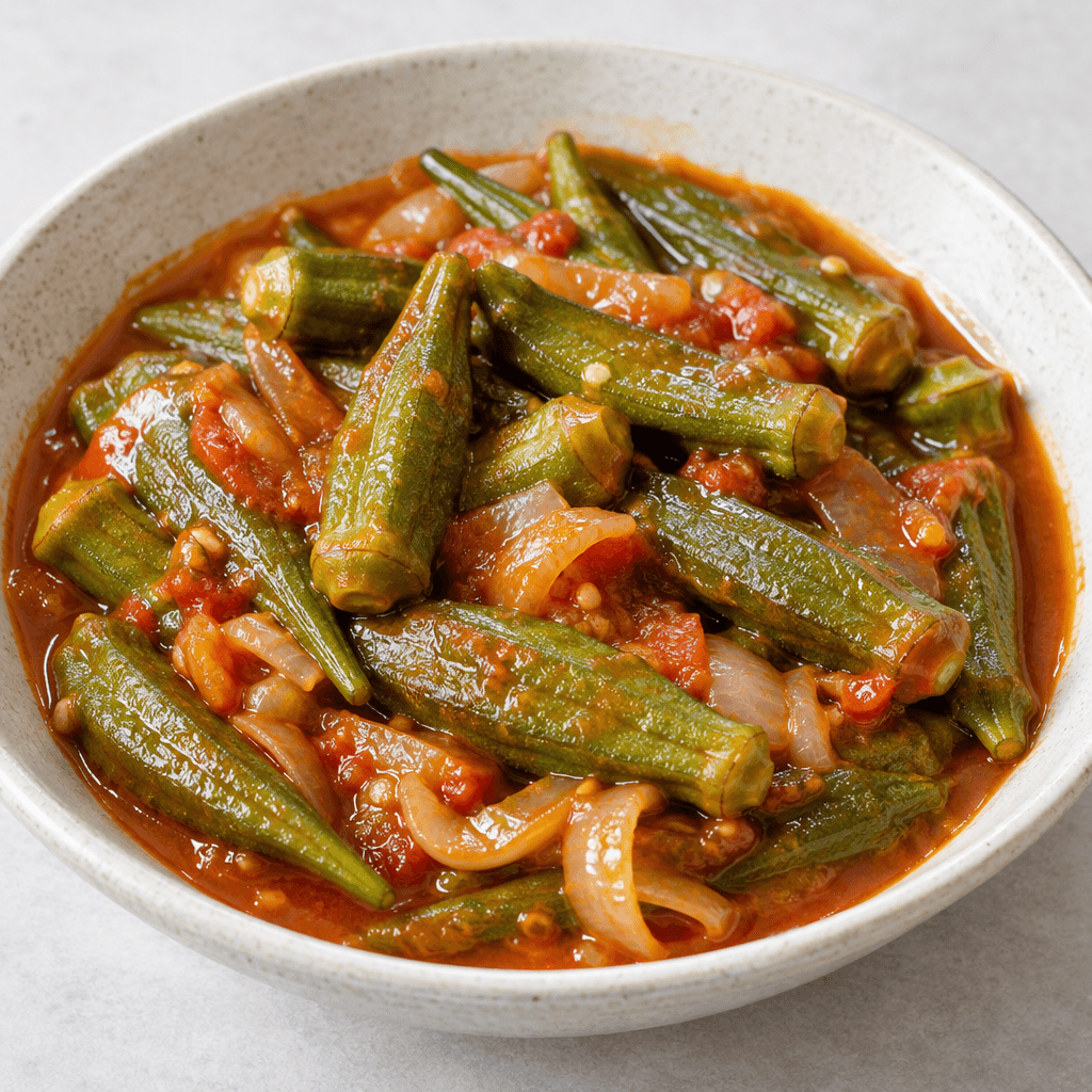 A shallow serving bowl holds whole green okra pods in a glossy red-orange tomato and olive-oil sauce, with soft translucent onion pieces visible among the pods and a lightly thickened, slightly viscous texture.