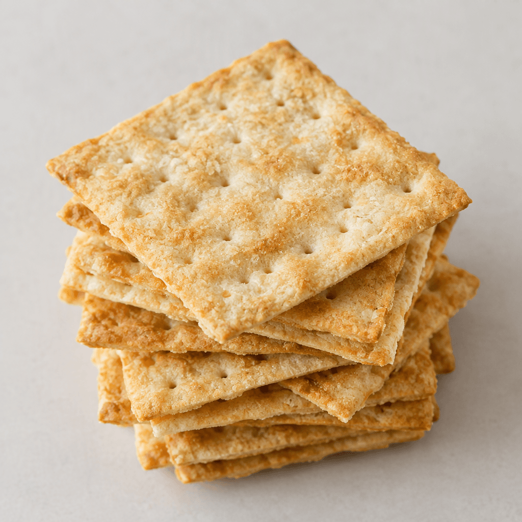 Thin, crisp, pale golden-brown crackers with small perforations and a lightly uneven, matte surface are arranged in a loose stack.