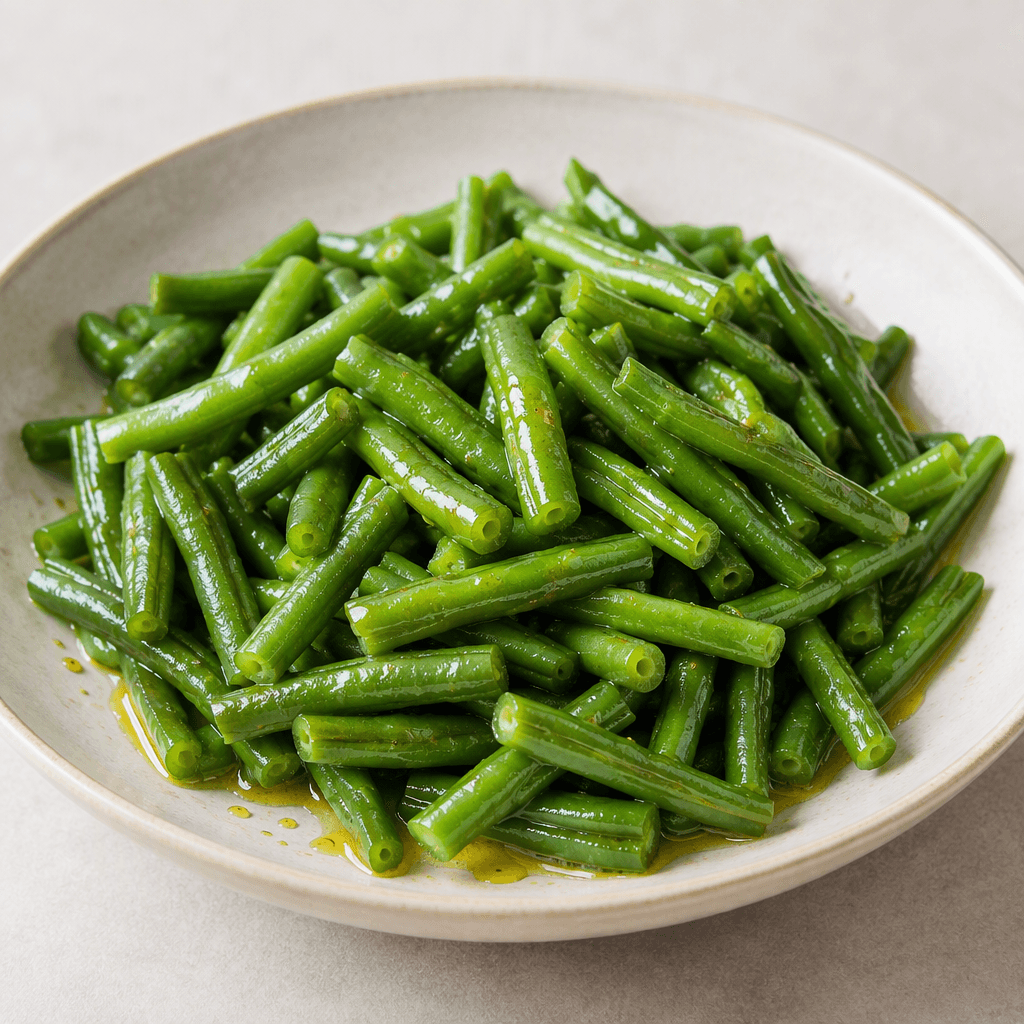 Bright green whole beans, cut into short sections, are arranged in a shallow serving dish with a glossy coating of golden olive oil and a few visible oil droplets.
