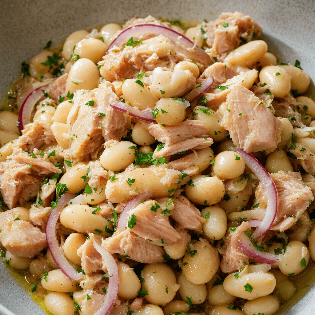 Creamy white beans and pale pink tuna flakes glisten with olive oil in a shallow bowl, dotted with finely chopped green herbs and thin slices of red onion.