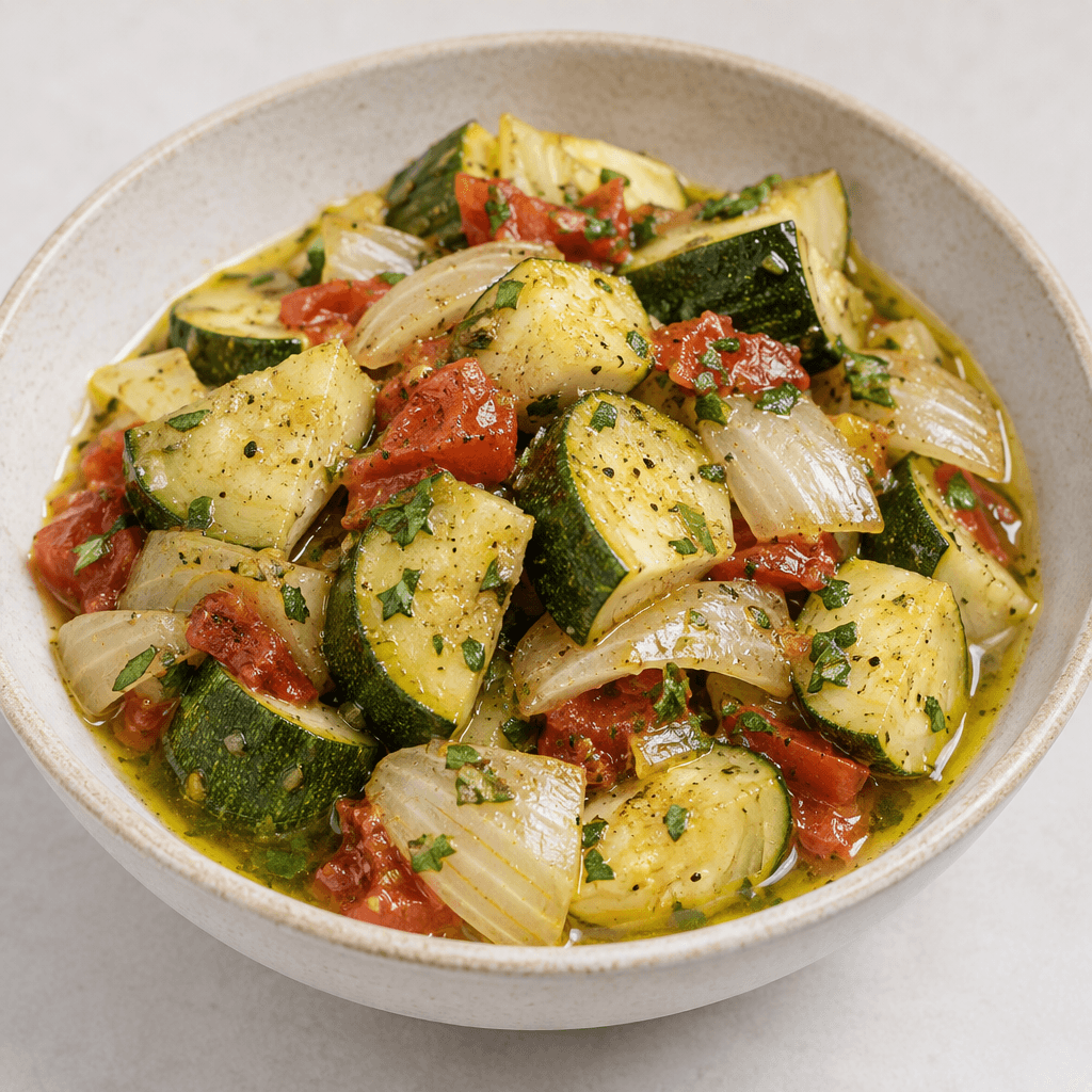 Chunky pieces of pale green zucchini and translucent onion sit in a shallow pool of golden olive oil, with small red tomato pieces and specks of green herbs visible throughout, served in a simple bowl.
