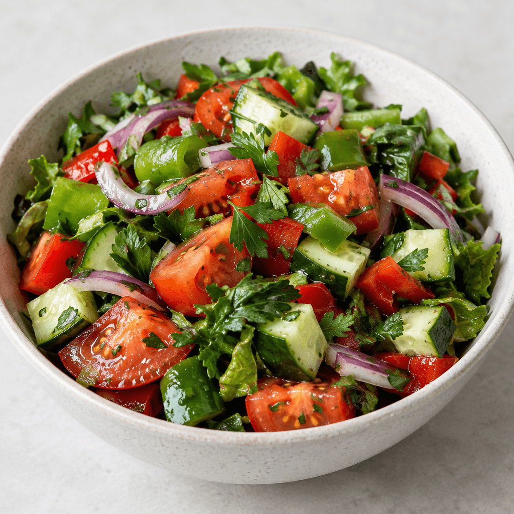 A bowl of chopped tomatoes, cucumber, green and red peppers, red onion, and leafy greens, lightly coated in olive oil with a glossy sheen and scattered parsley leaves.