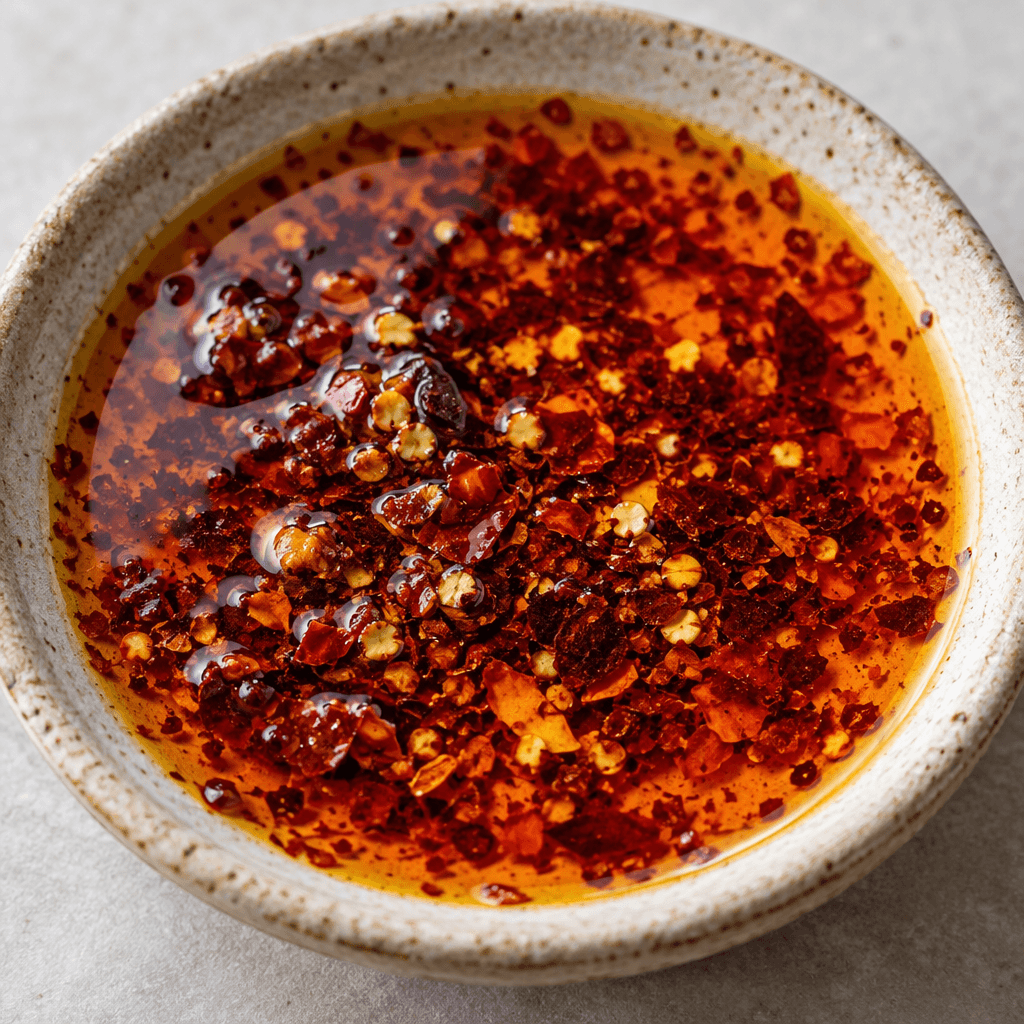 A glossy pool of golden olive oil tinted deep red-orange, with fine red pepper flakes and tiny seeds suspended throughout, served in a shallow dish.