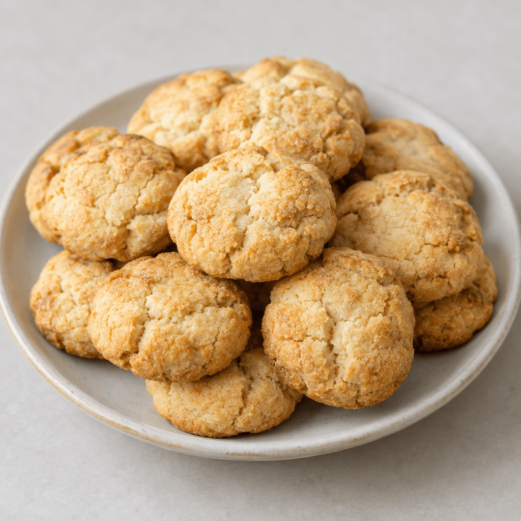 Small, round, slightly flattened cookies with a lightly golden, uneven surface and fine cracks are arranged on a plate.