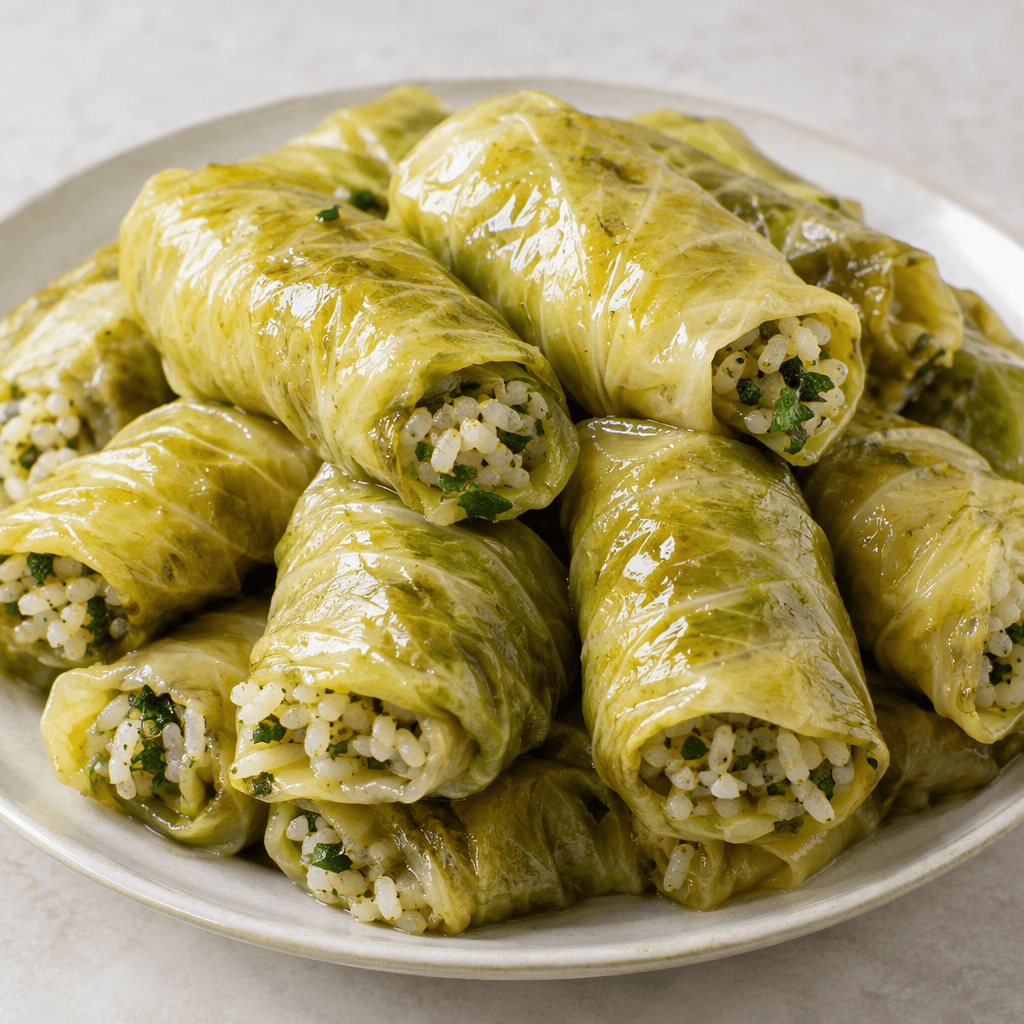 Tightly rolled pale-green cabbage leaves, their smooth surfaces glistening with olive oil, are arranged closely on a serving plate, with rice and finely chopped herbs visible at the open ends.