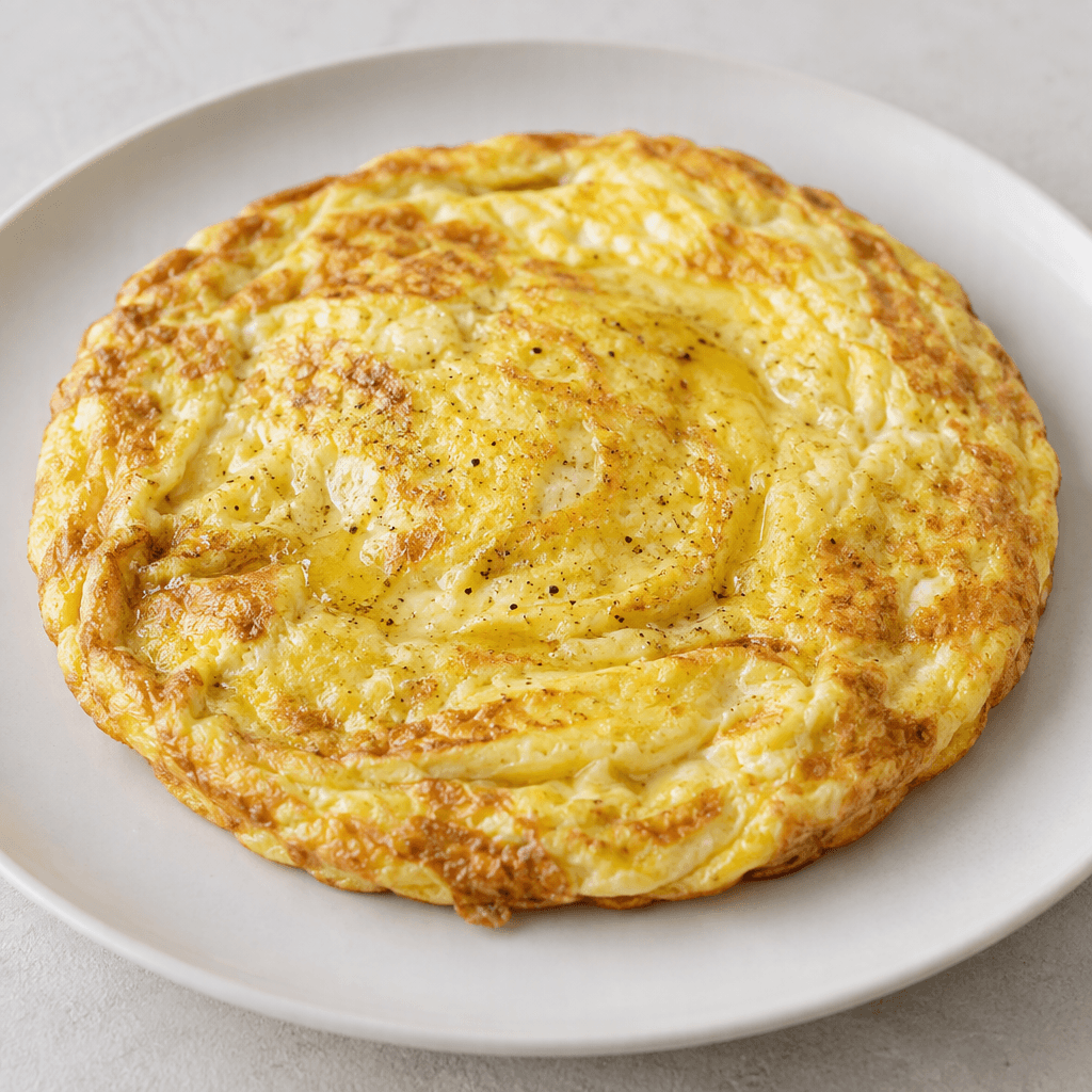 A softly folded, round omelette with a pale golden-yellow surface, lightly browned edges and a subtle olive-oil sheen, served whole on a plain plate.