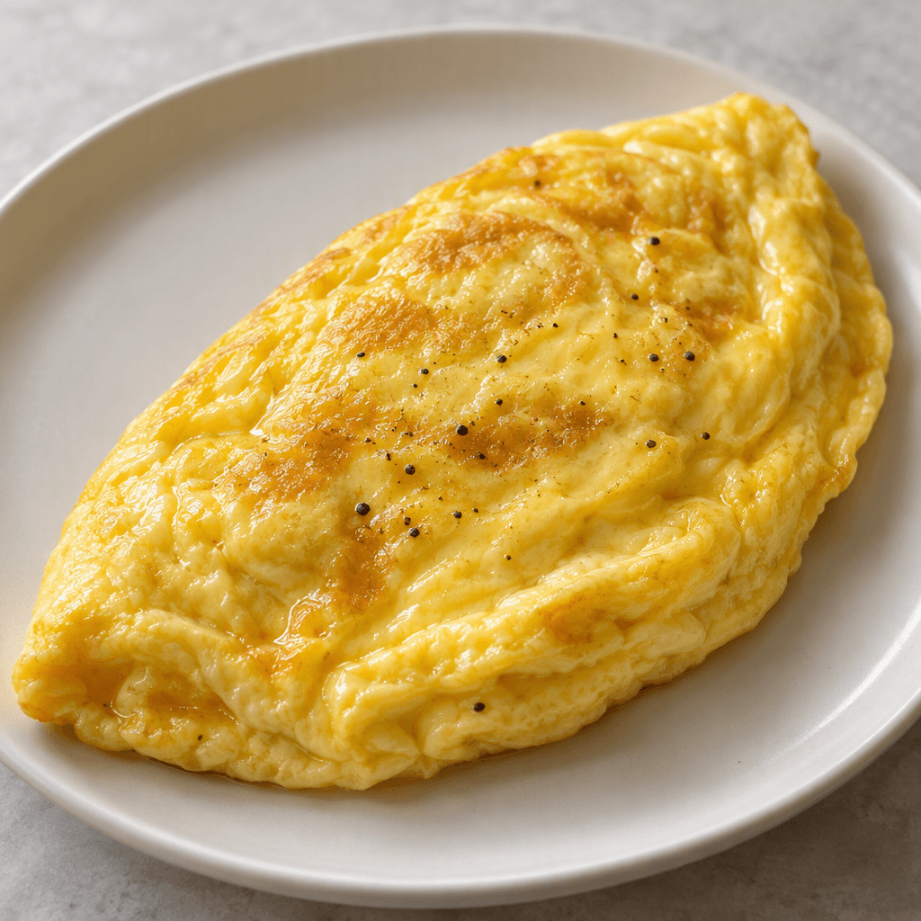 İki yumurtadan yapılmış, yüzeyi hafif parlak altın sarısı omlet; kenarları yumuşakça pişmiş ve hafif düzensiz, sade bir tabakta servis edilmiş.