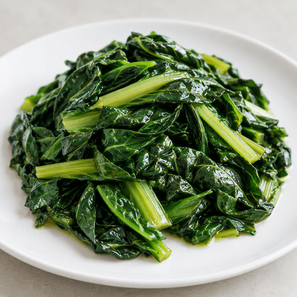 Tender dark-green Swiss chard leaves with lighter green stems, wilted into soft folds and glistening with a thin coating of golden olive oil, piled loosely on a white plate.
