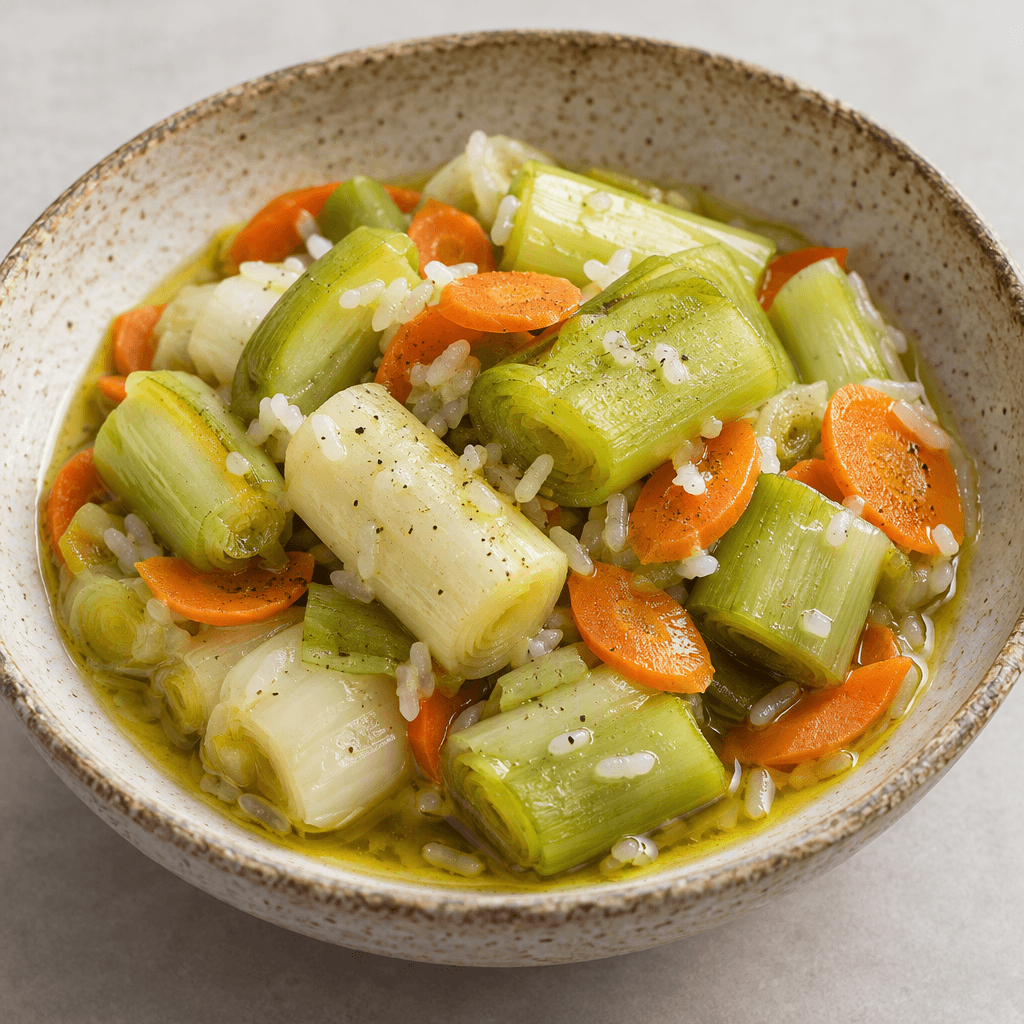 Tender pale-green and white leek segments with thin orange carrot slices and a few translucent grains of rice sit in a shallow pool of golden olive oil, arranged in a rustic serving dish.