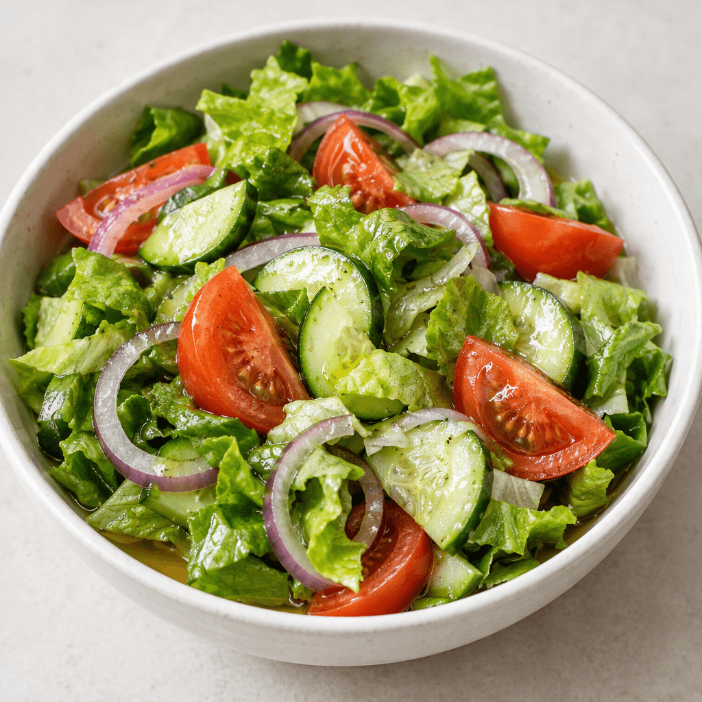 A bowl of chopped green lettuce, red tomato wedges, pale green cucumber slices and thin purple onion rings, lightly coated with olive oil that gives the vegetables a glossy sheen and a small pool of golden oil at the bottom.