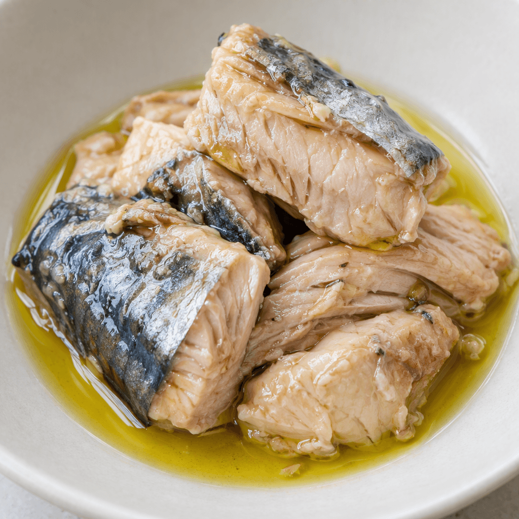 Pale pink-beige mackerel pieces with patches of silvery skin sit in a shallow pool of clear golden olive oil, their flaky surfaces glossy and softly irregular.