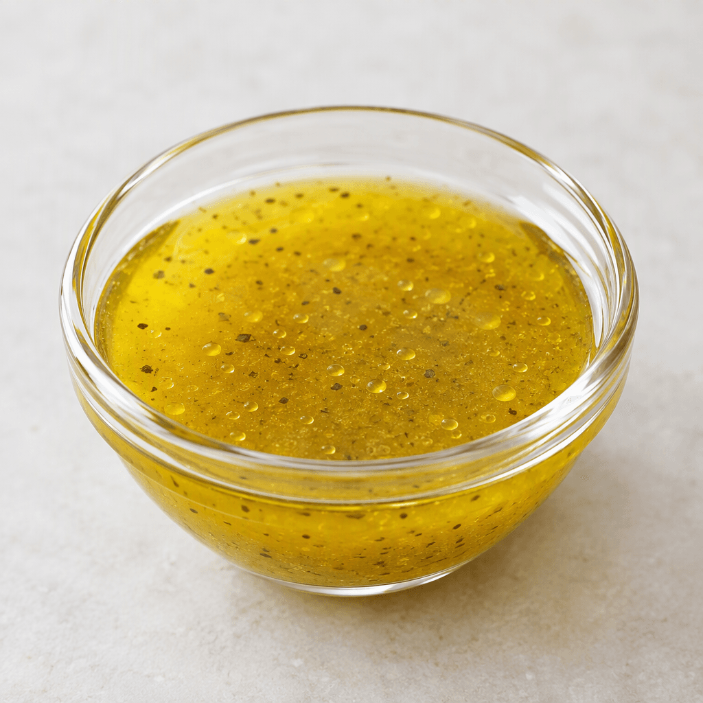 A glossy golden-yellow olive oil vinaigrette sits in a small clear glass bowl, with a slightly cloudy surface and tiny suspended droplets of vinegar.