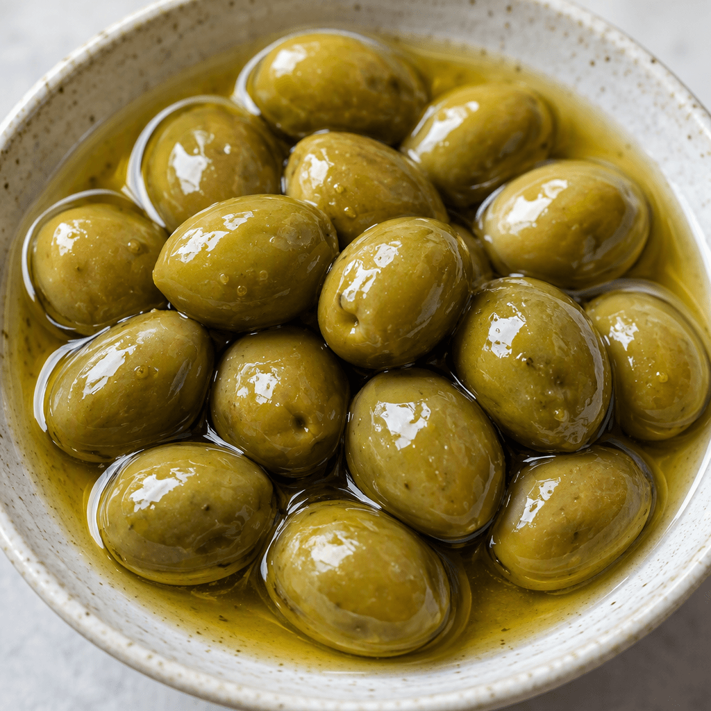 Plump, oval green olives with smooth, glossy skins sit in a shallow pool of clear golden oil.
