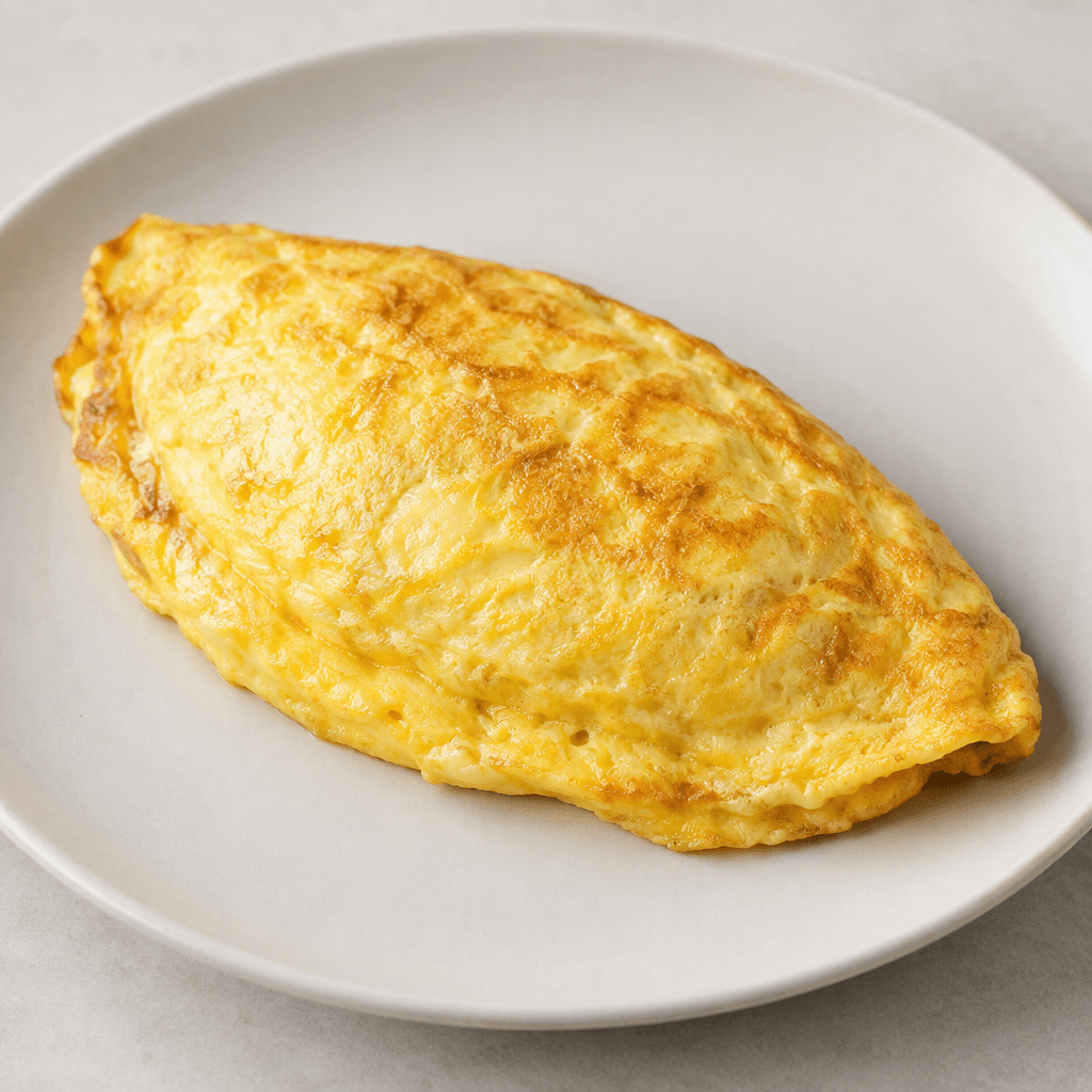 A folded, golden-yellow omelette with a softly set, slightly glossy surface, faintly browned edges, and a simple oval shape served on a plain plate.