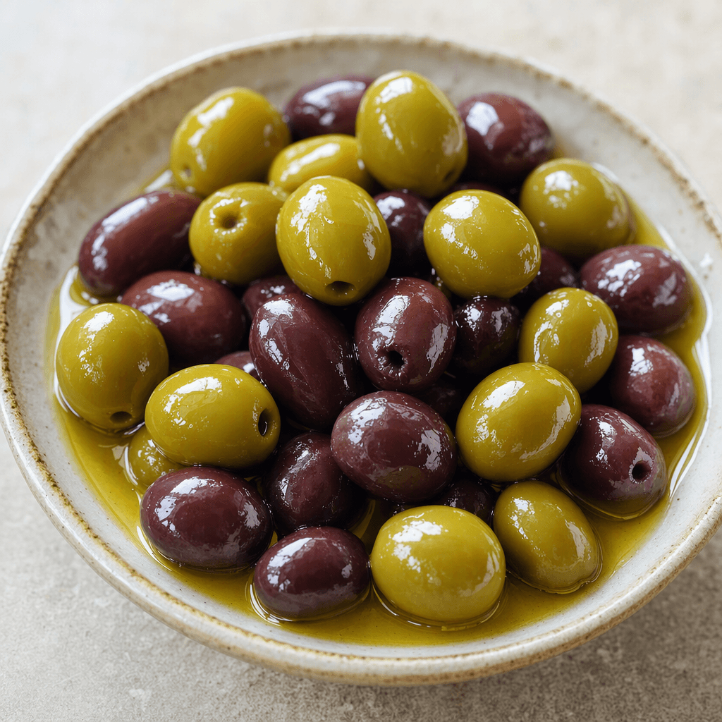 Dark green and purple olives sit in a small shallow dish, glossy with golden olive oil that pools around them.