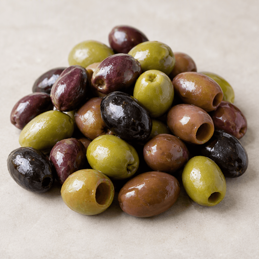 Small oval olives with smooth, slightly glossy skins, shown in shades of green, brown, and deep purple-black, some whole and some with their pits removed.