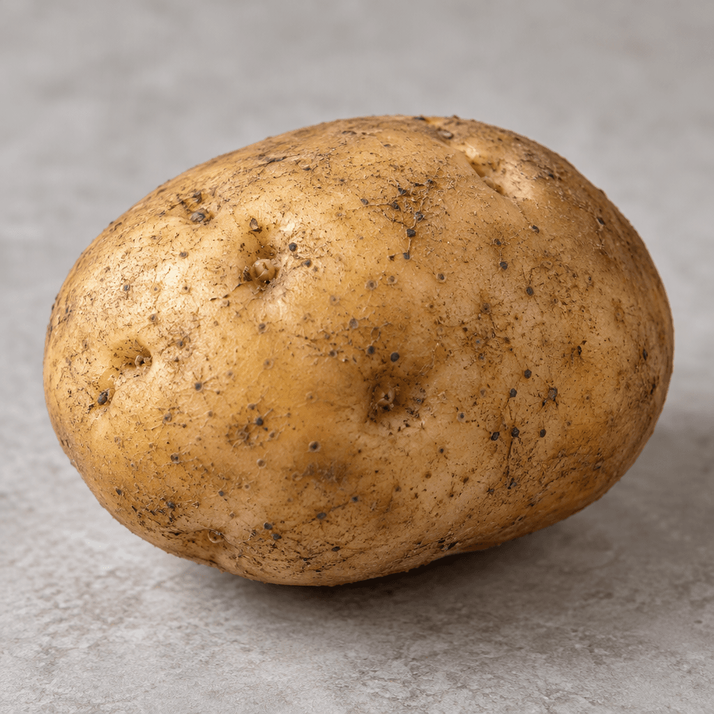 An oval, slightly lumpy potato with matte tan-brown skin, scattered dark specks, and small shallow eyes.