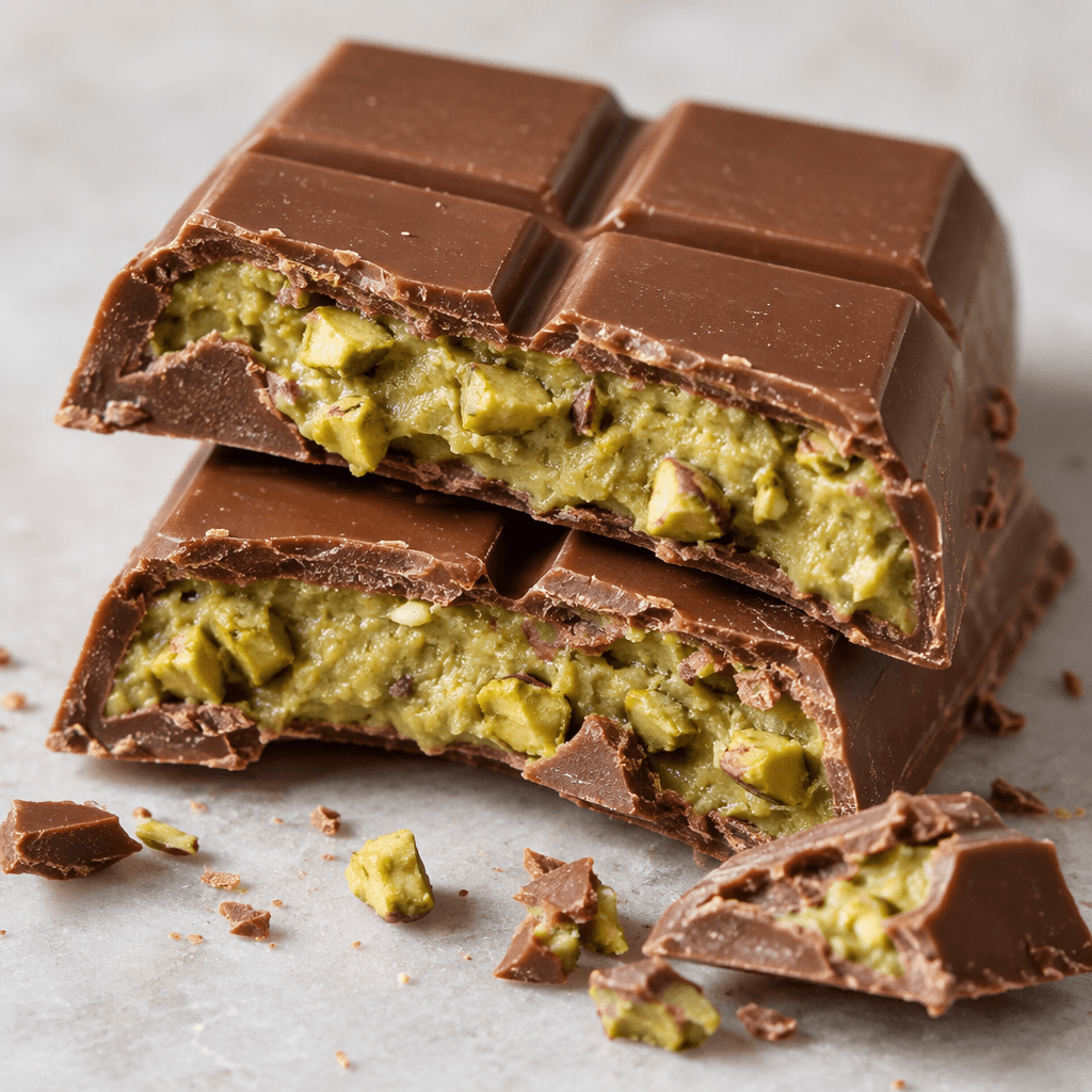 A rectangular milk-chocolate bar is broken into pieces, revealing a pale green pistachio filling with small nut fragments beneath its smooth brown coating.