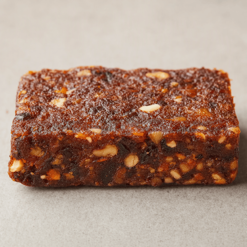 A compact, rectangular fruit bar with a dense, slightly uneven reddish-brown surface and small visible fruit and nut pieces.