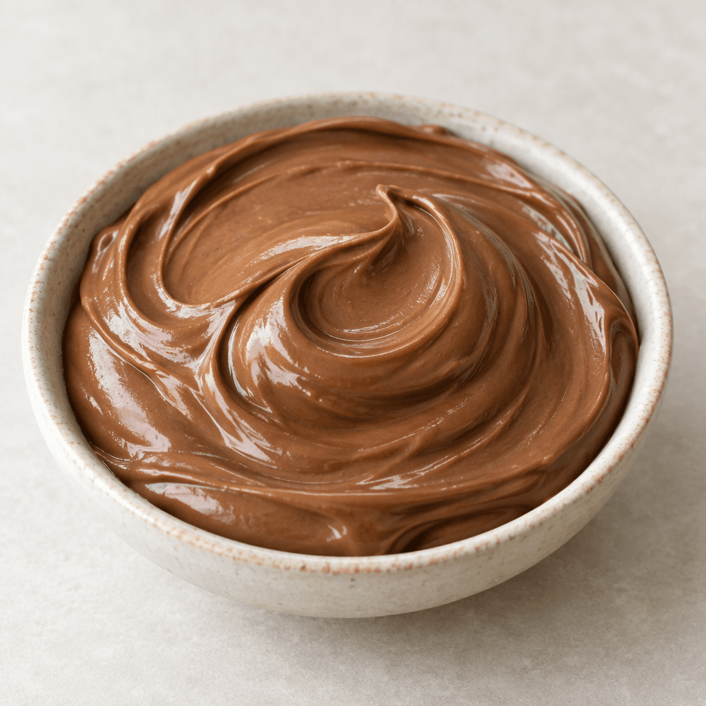 A thick, smooth, glossy medium-brown hazelnut cream with a uniform texture, spooned into a small shallow dish and forming soft rounded swirls.