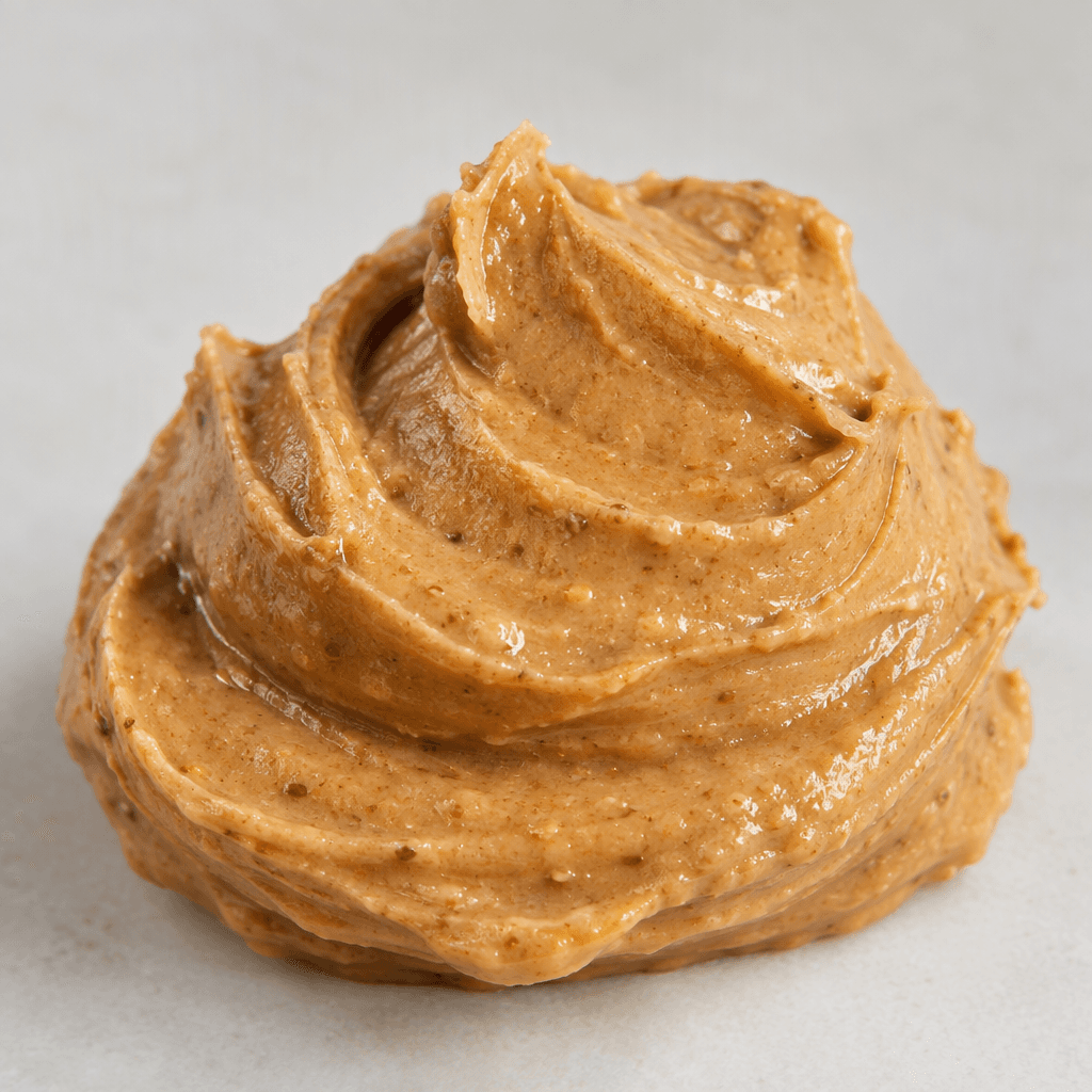 A thick, creamy tan-brown peanut spread sits in a small mound, with a smooth glossy surface and fine darker peanut flecks visible throughout.