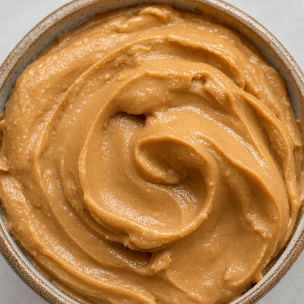 A thick, tan-brown peanut paste with a dense, slightly glossy surface and soft swirls.