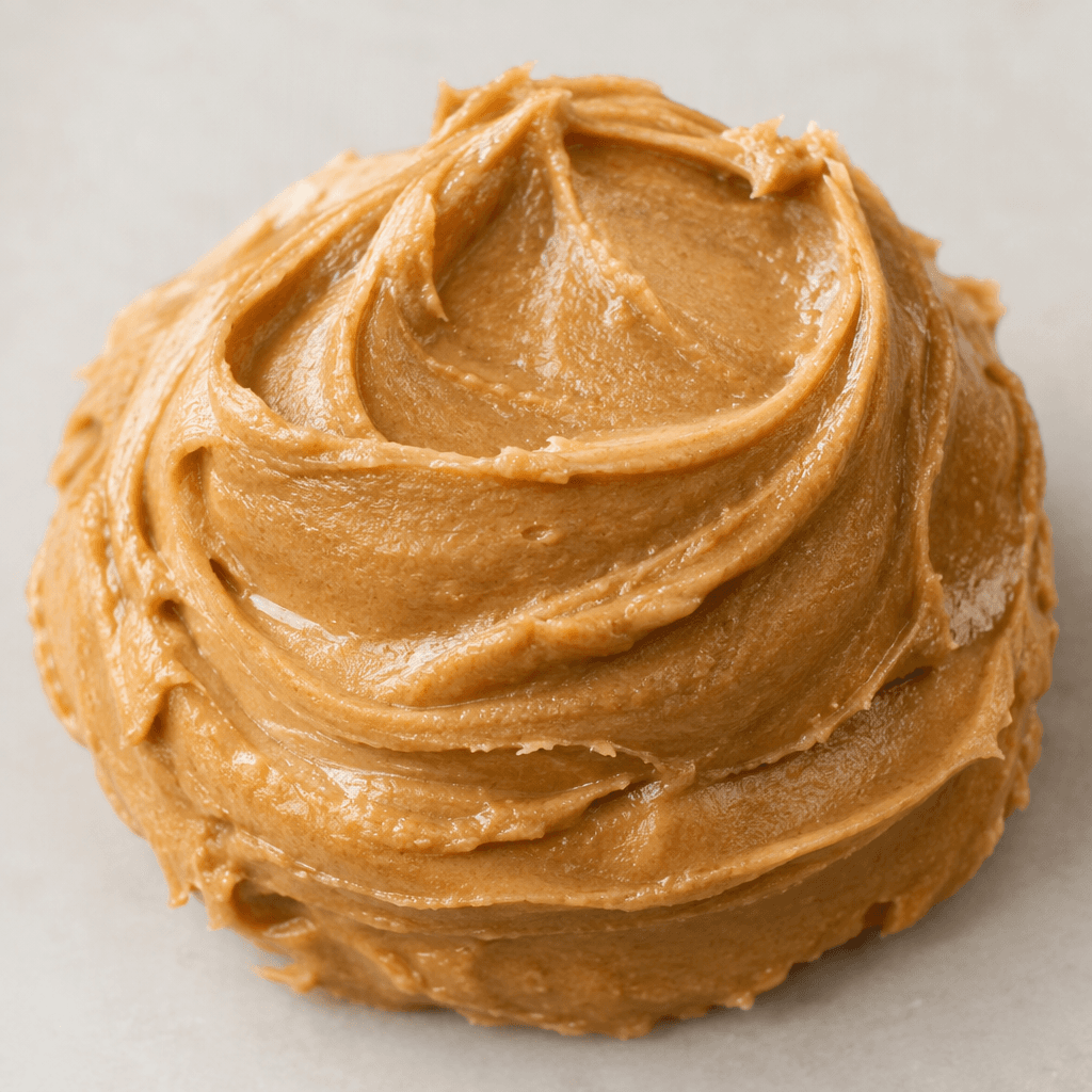 A mound of thick, smooth light-brown peanut butter with a faint sheen and a softly swirled surface.