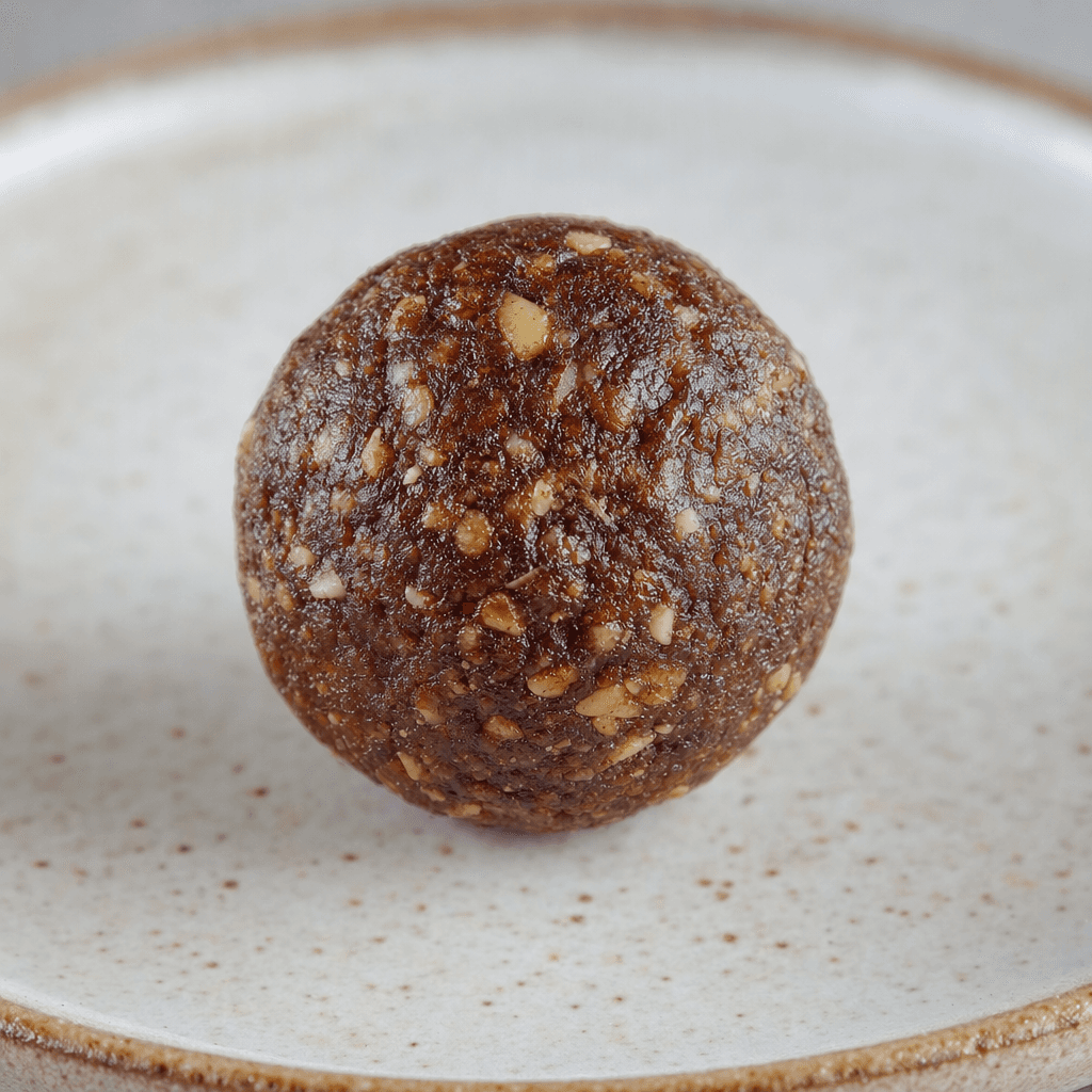 A small, round, dark-brown date ball with a slightly rough, dense-looking surface, served on a plain plate.