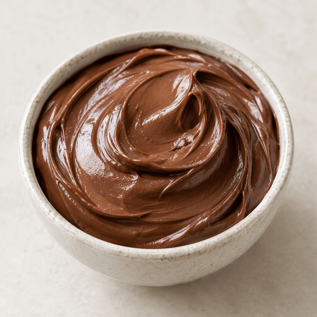 A thick, smooth, glossy cocoa-hazelnut spread in a small bowl, deep chocolate brown with soft swirls and gently rounded peaks on its surface.