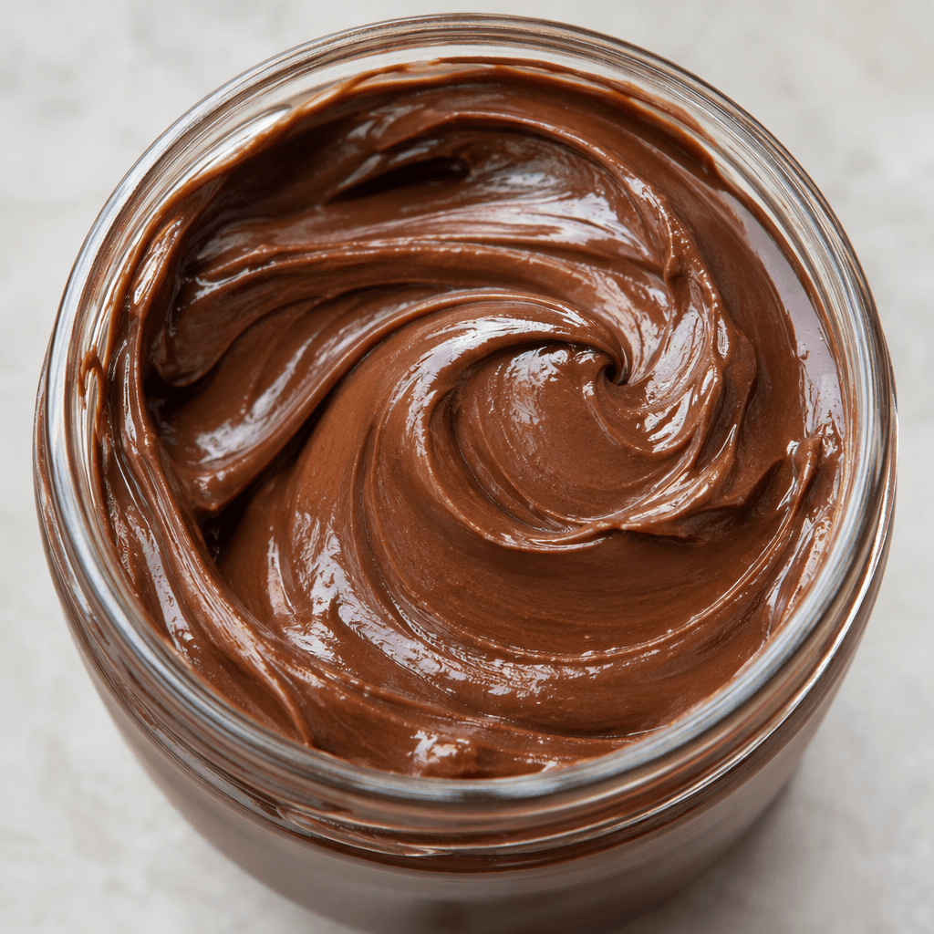 A thick, smooth, glossy cocoa-brown spread with a dense creamy texture, shaped into soft swirls and showing no visible nut pieces.