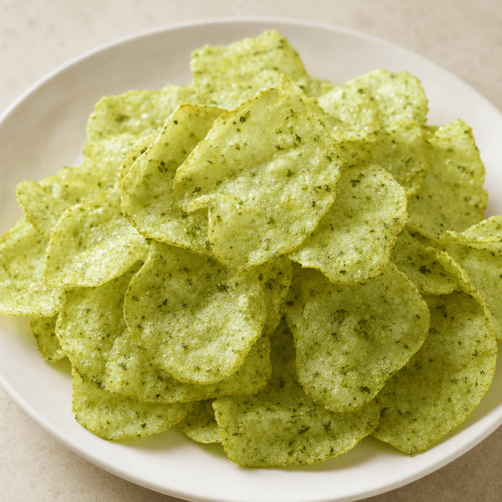 Thin, irregularly shaped light-green crisps with scattered darker green flecks lie loosely piled on a plain plate.