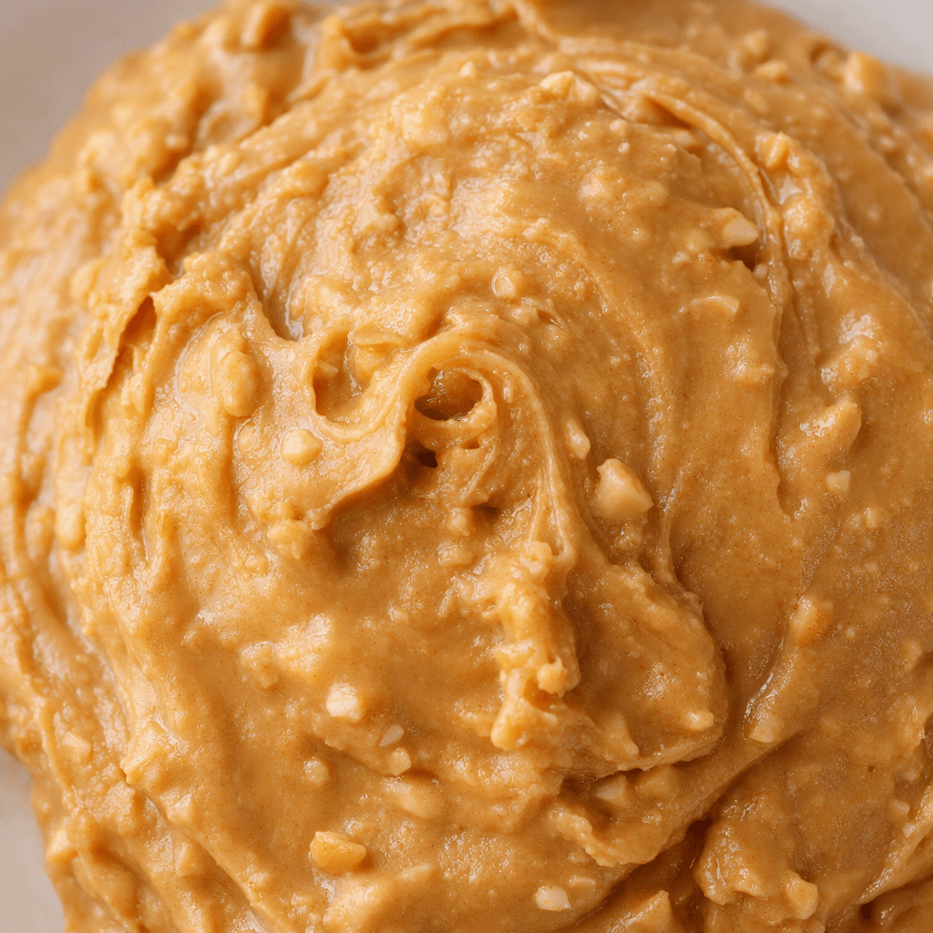 A thick, light-brown peanut spread with a slightly glossy surface and small peanut pieces throughout, served in a small mound.