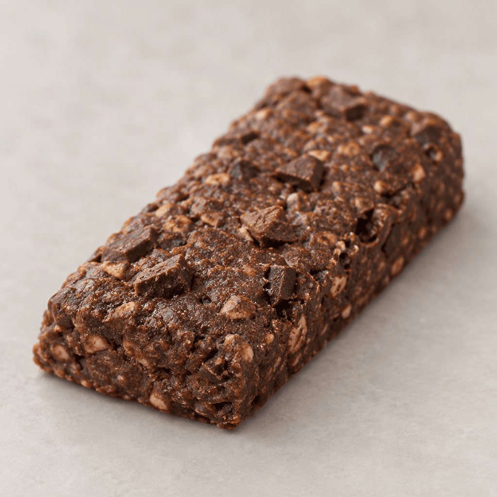 A compact rectangular protein bar with a dark brown, slightly rough surface, visibly studded with irregular cocoa-colored chunks and showing softly rounded edges.