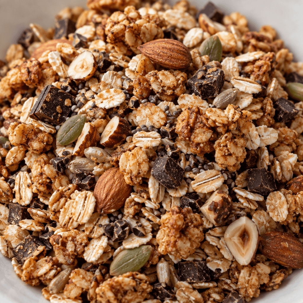 A loose mix of pale oat flakes, golden-brown crunchy clusters, small nuts and seeds, with dark cocoa-colored pieces scattered throughout.