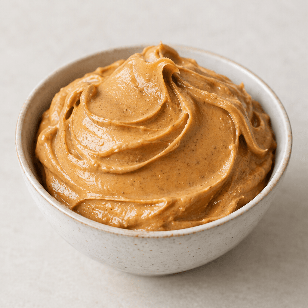 A mound of thick, smooth, glossy light-brown peanut butter with faint darker speckles, served in a small bowl or spread in a soft rounded layer.