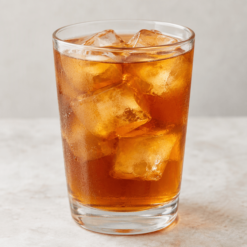 A translucent amber-brown iced tea is served in a clear glass with several visible ice cubes.