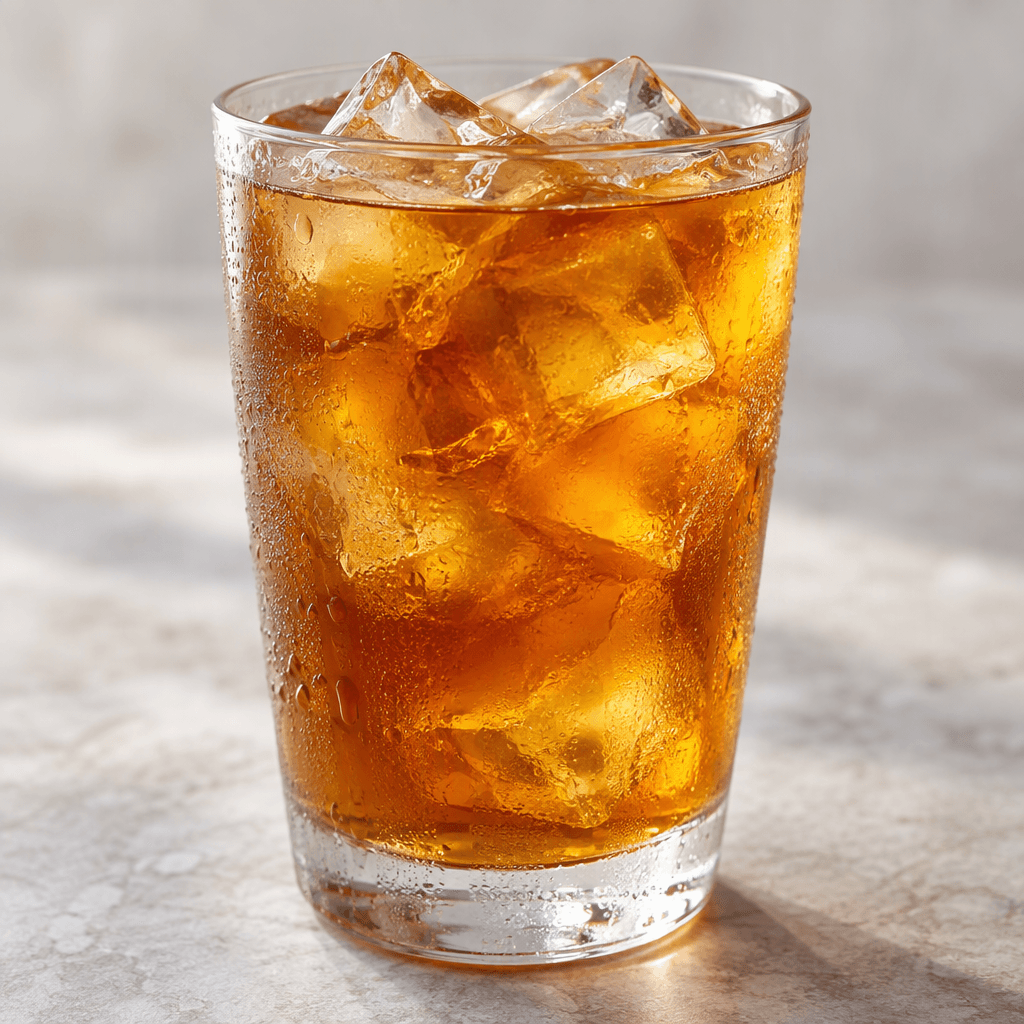 A translucent golden-amber iced tea served in a clear glass over angular ice cubes, with a few beads of condensation on the glass.