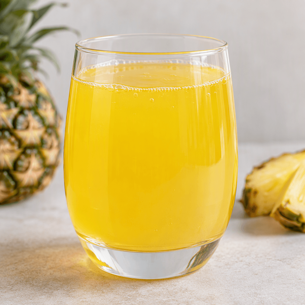 A translucent golden-yellow pineapple drink sits in a clear glass, with a smooth surface and a few small bubbles.