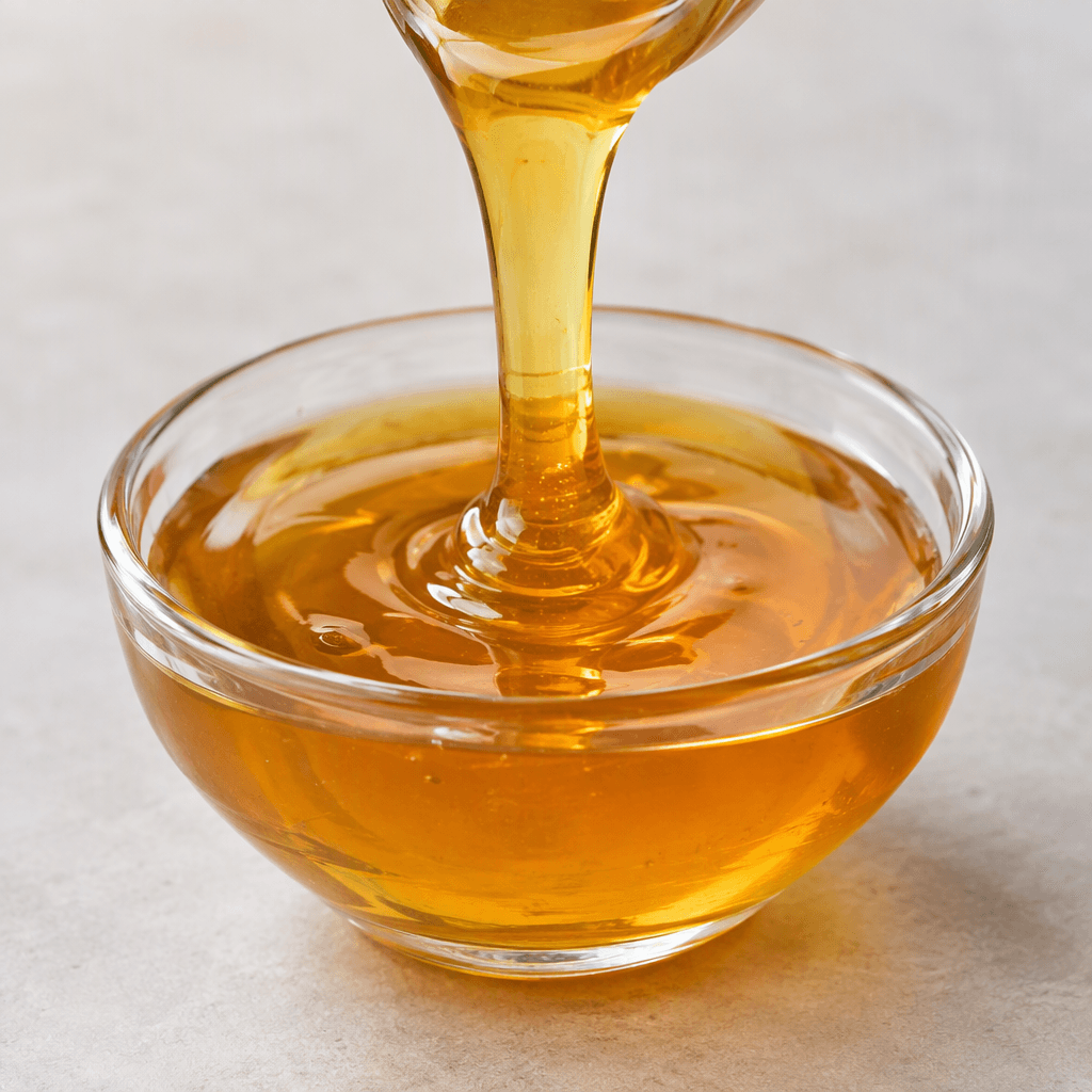 A smooth, glossy, translucent golden-amber syrup with a thick, pourable consistency.
