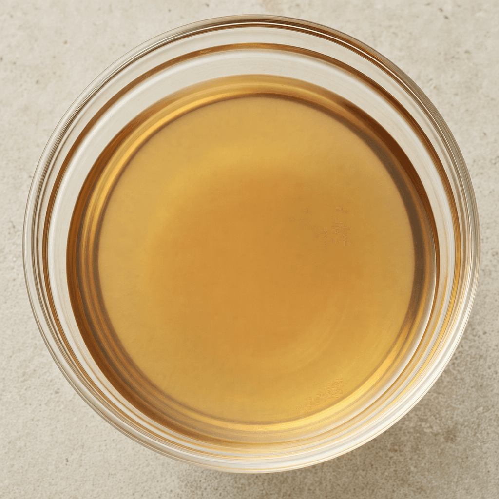 A clear, thin, pale amber-brown vinegar with a smooth, watery appearance.