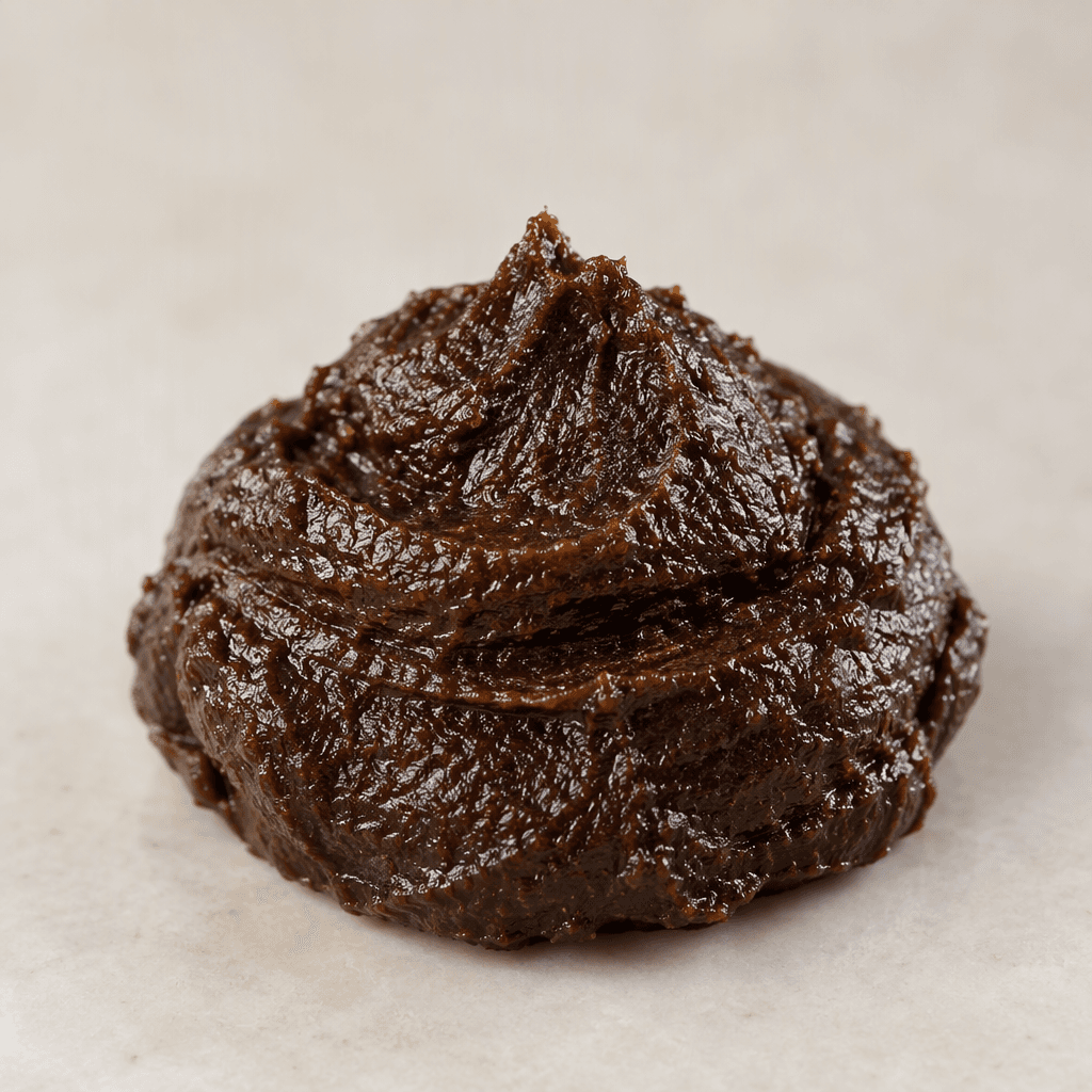 A dense, glossy dark-brown herbal paste sits in a small mound, with a slightly uneven surface and no distinct ingredients visible.