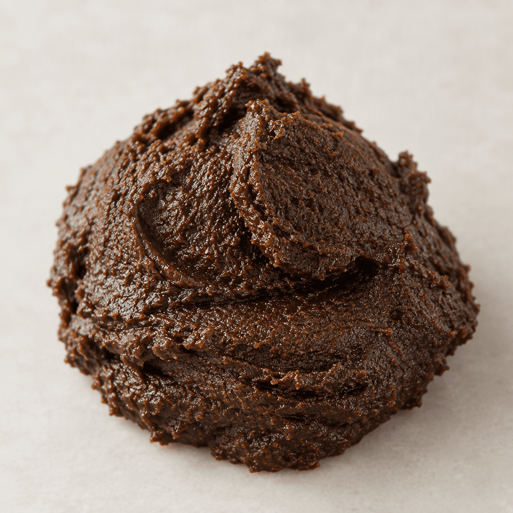 A thick, dark brown paste with a dense, slightly grainy texture, gathered into a soft mound.